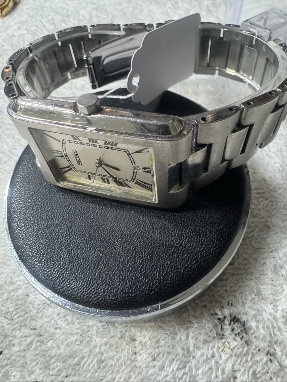 Seiko Silver Stainless Steel Rectangular Men’s Watch with White Dial
